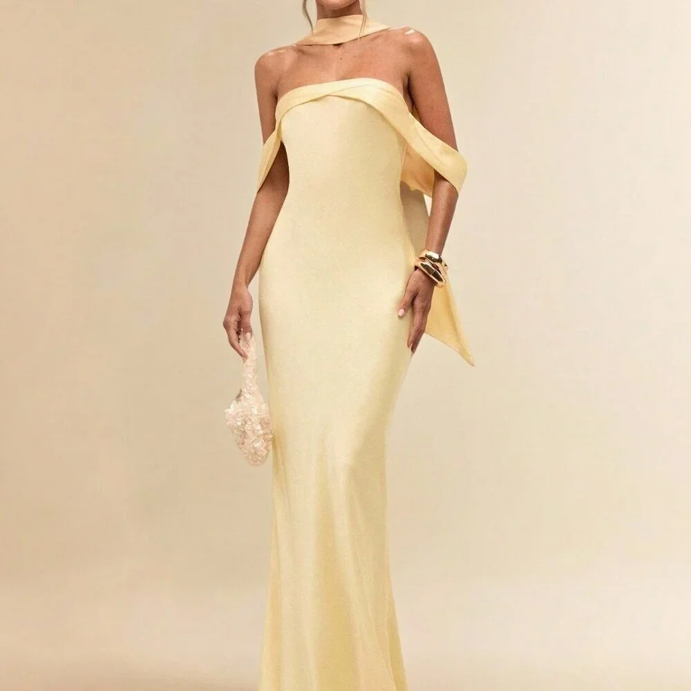 Yellow Elegant Women's Sexy Satin Asymmetric Mermaid Backless Dress